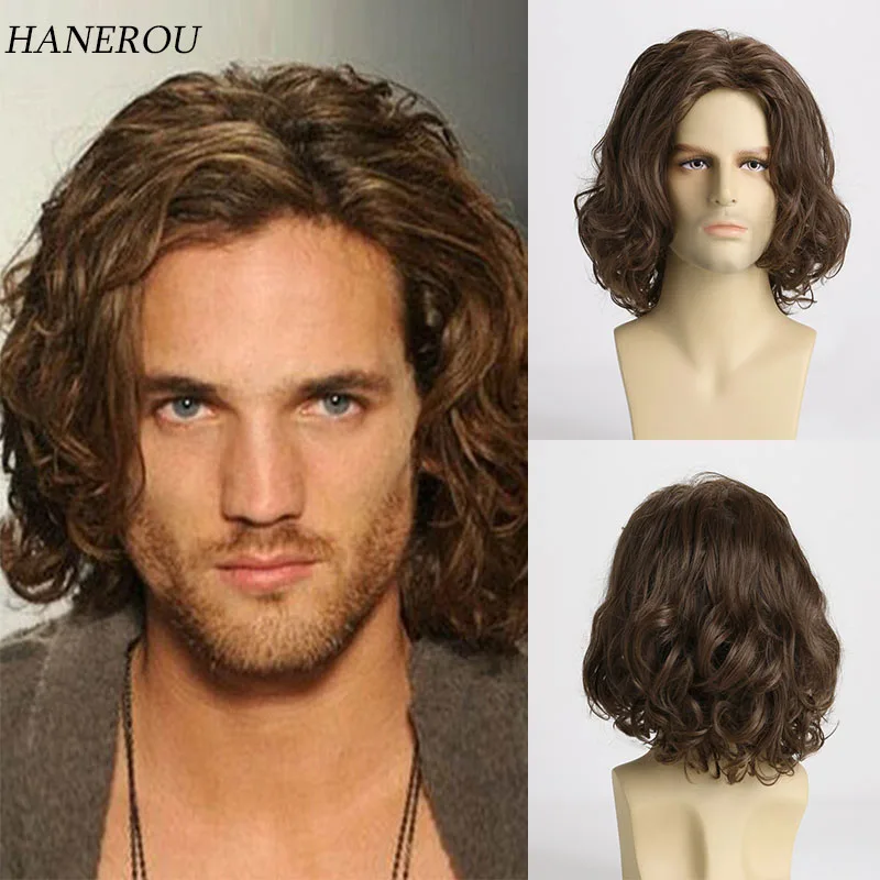 Synthetic Wigs For Men Party Male Wavy Short Brown Hair Medium Length Natural Wave Curly Adjustable Size Men