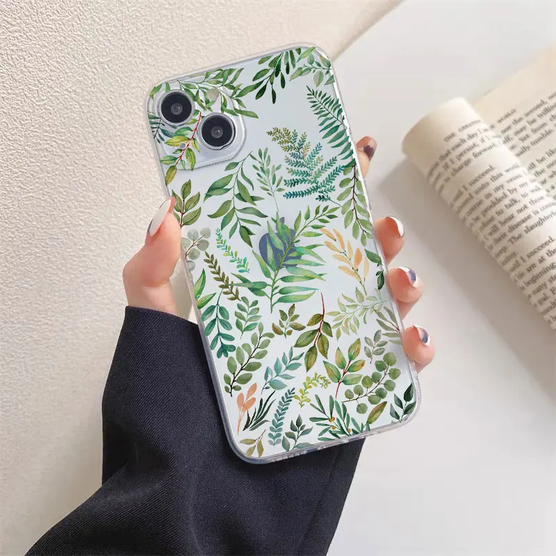 Floral Palm Leaf Painted Soft Silicone Phone Case - Ultra Clear and Durable Design