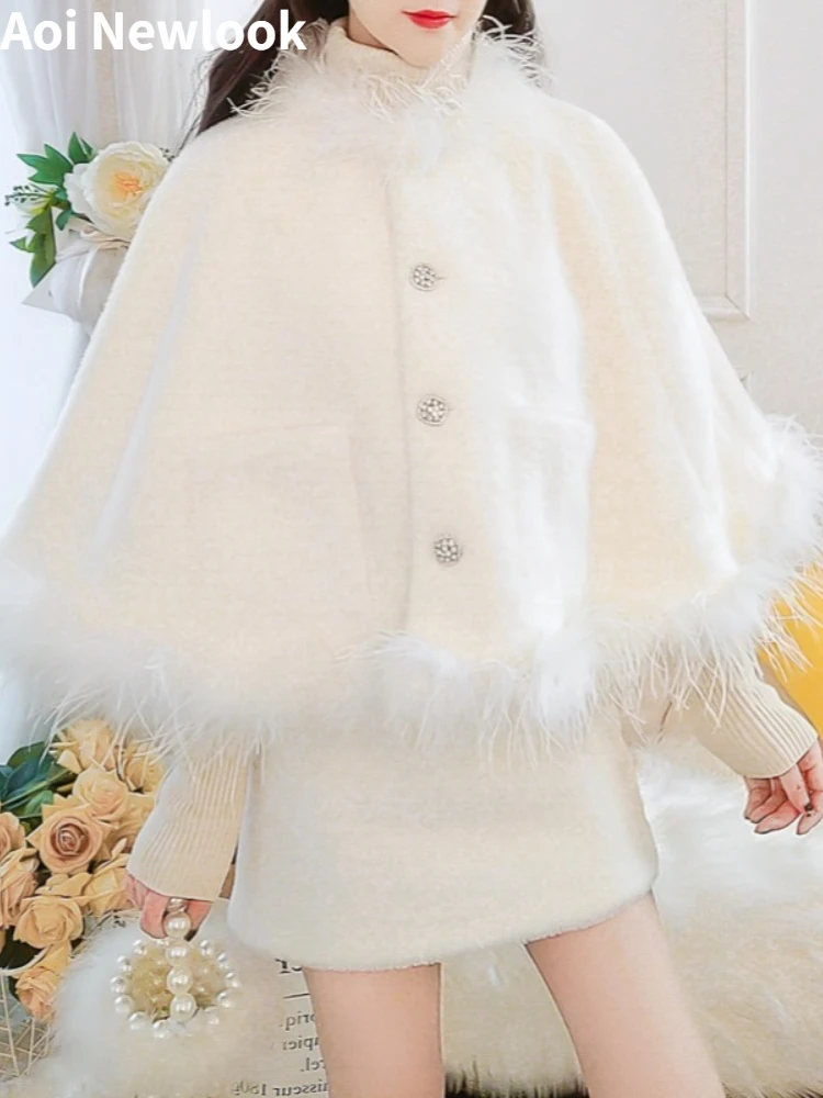 

Женский шерстяной костюм, элегантный белый костюм из накидки и юбки с высокой талией, Осень-зима 2023