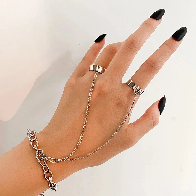 Vintage Geometric Punk Chain Ring Bracelet Set Gift for Women  Men Fashion Rings Finger Jewelry Adjustable Party