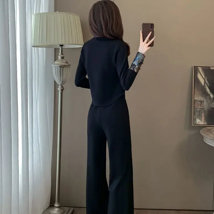 Spring and Autumn Fat MM Retro Chinese Style New Chinese Style Set Fashion Design Top+Wide Leg Pants Two Piece Set
