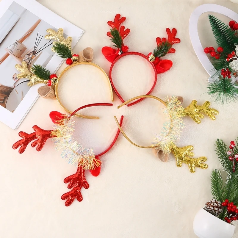 Set Of 6 Christmas Theme Plush Antler Headbands Stylish Christmas Antler Headbands Hair Adornment For Family Celebration