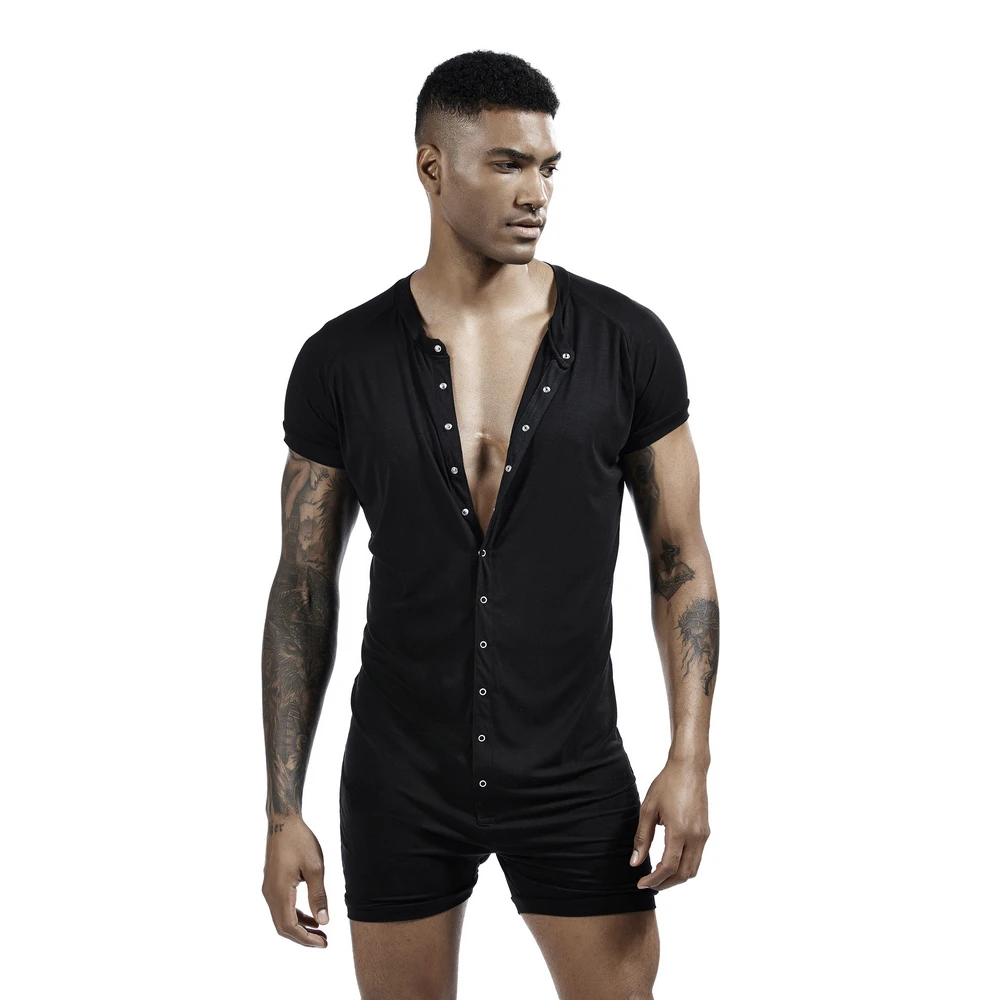 SEOBEAN Men's Button Short Sleeve jumpsuit-Comfortable Solid Color Loose High Elastic Home Clothes Sleepwear