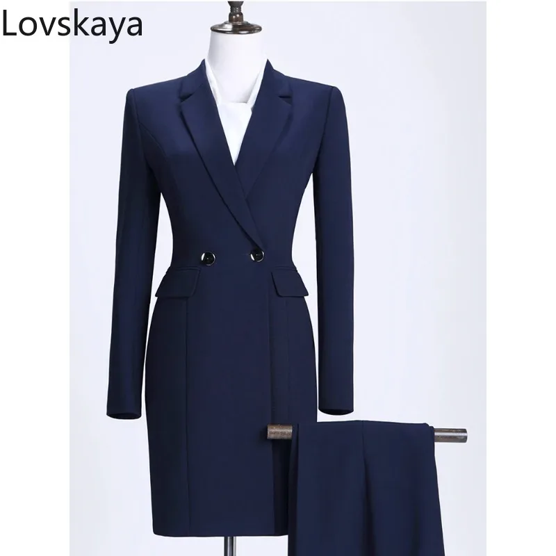 

Elegant Jacket and Trouser 2 Pieces Women Work Business Wear Pant Suit Wine Blue Black Long Blazer Set