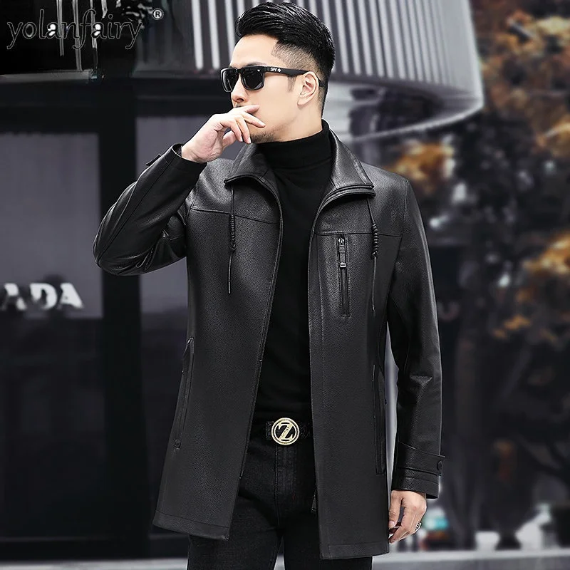 

Genuine Leather Coat Men's Clothes Male Natural Cowhide Jacket New Slim Casual Medium Long Lapel Trench FCY