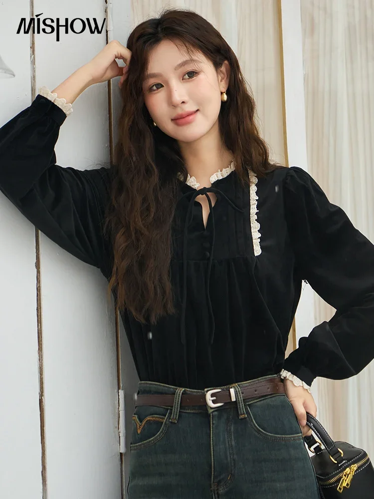 

MISHOW French Velvet Blouse 2023 Autumn Elegant Lace Up Pleated Long Sleeve Shirt Office Lady Loose Female Clothing MXC54X1314