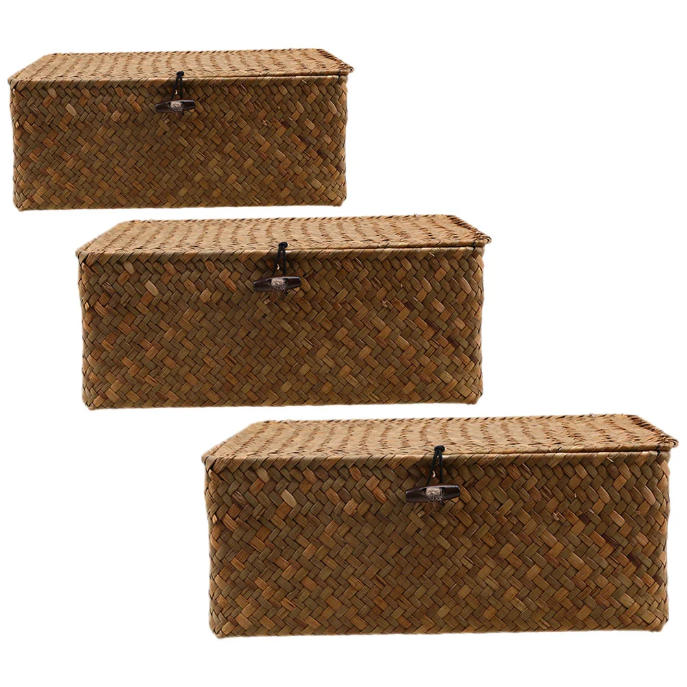 

Woven Basket Lid Seagrass Storage Baskets Rectangular Rattan Box Stackable Storage Boxes Makeup Organizer Container