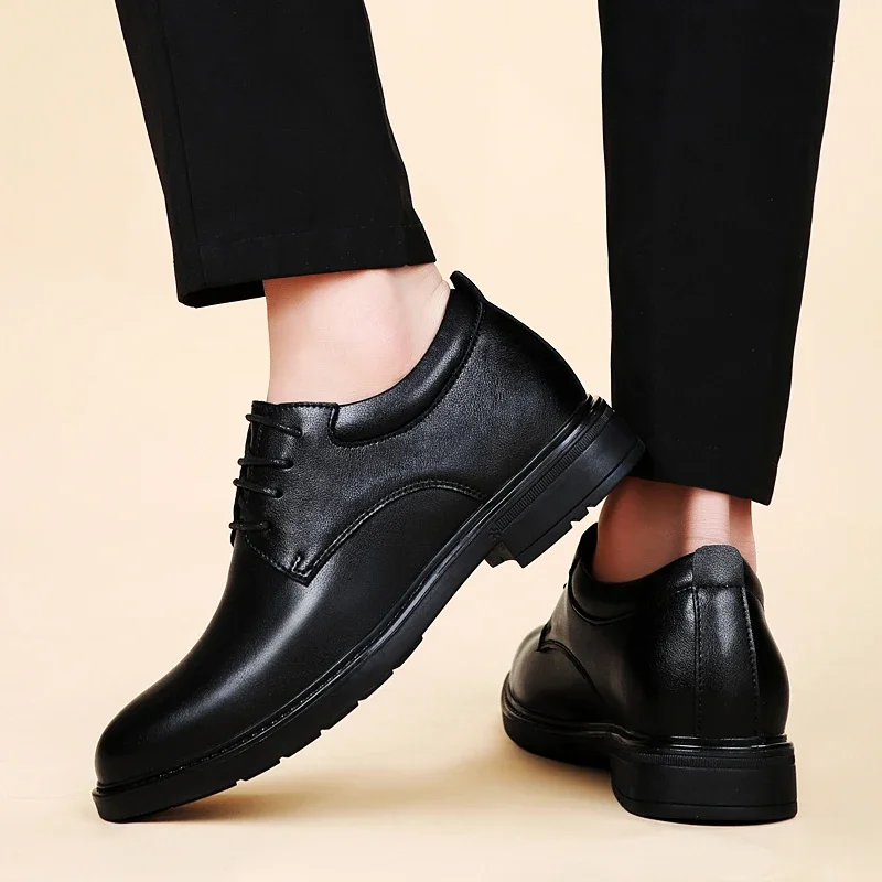 Office business formal shoes men's inner height increase 6/8cm shoes thick sole simple black men's genuine leather casual
