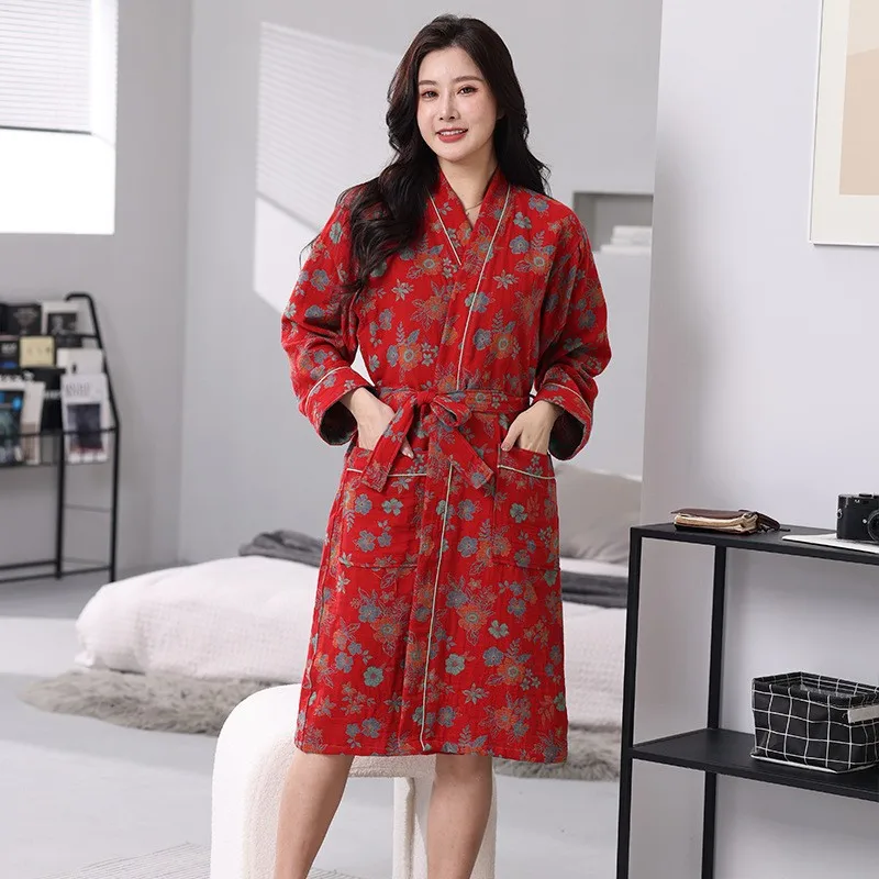 Cotton Two Layers Gauze Kimono Robes Couples New Women And Men V Neck Bathrobe Nightgown Print Female Home Clothes
