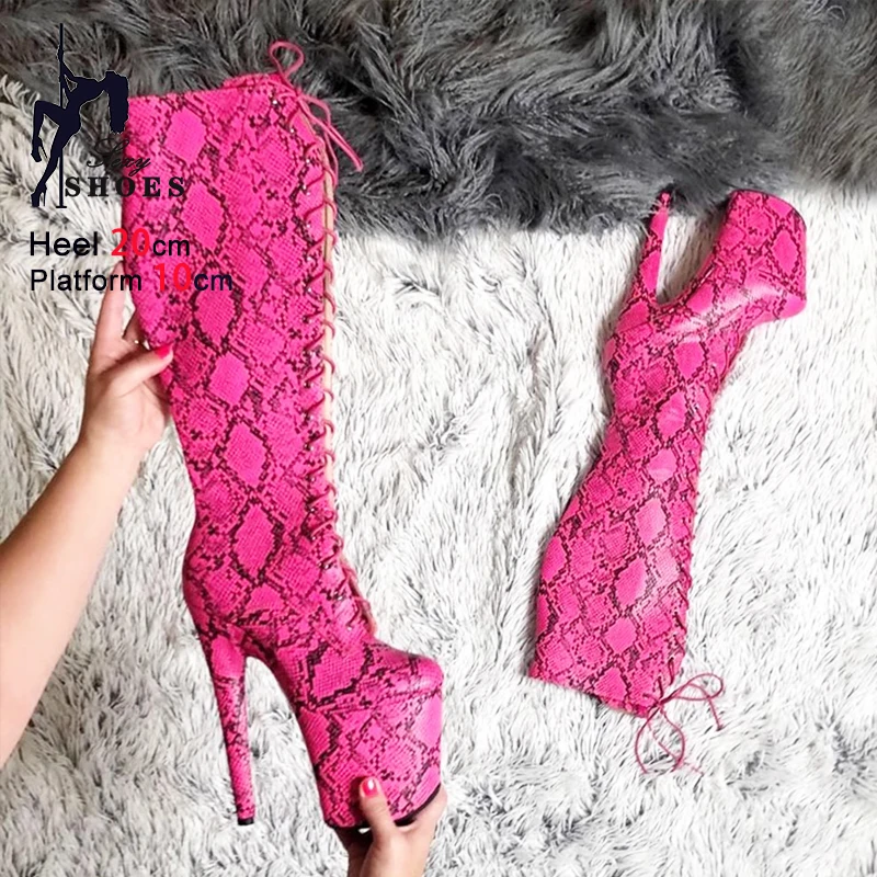 20CM/8Inch Pole Dance High Boots Woman Rose Red Snake Pattern Long Shoes Fashion Runway Show Side Zipper Lace-up Platform Boots