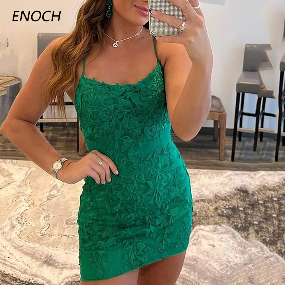 

ENOCH Sexy Mini Tight Homecoming Dress Scoop Neck Spaghetti Straps Appliques Backless Lace Up Short Party Formal Gown Above Knee