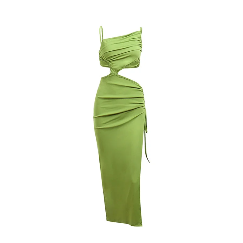 Slit Dress y2k Clothes Women Sexy Hollow Out Spaghetti Strap Sleeveless Midi Dress with Drawstring Beach Party Dresses
