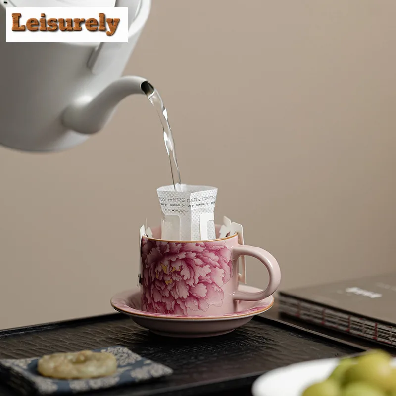 180ML Antique Pink Peony Flower Ru Kiln Mug Boutique Coffee Cup Mug With Plate Tea Making Office Water Cup Cafes Collection Gift