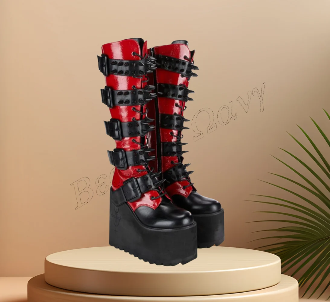 

Black and Red Rivet Decor Punk Boots Belt Decor Round Toe High Heel Shoes for Women Leather High Heels 2023 Zapatos Para Mujere