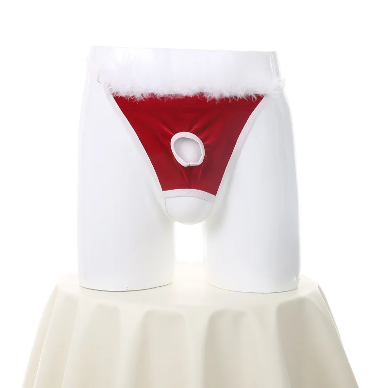 Men's Sexy Panties Hollow Christmas Hat Cute Jj Pouch Underwear Enhance T-Back Low Waist Sissy Open Crotch Underpants
