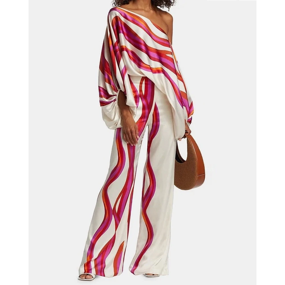 Summer Women Off Shoulder Print Lantern Sleeve Top & High Waist Pants Set Female Skew Neck Two Pieces Suit Set Elegant Workwear