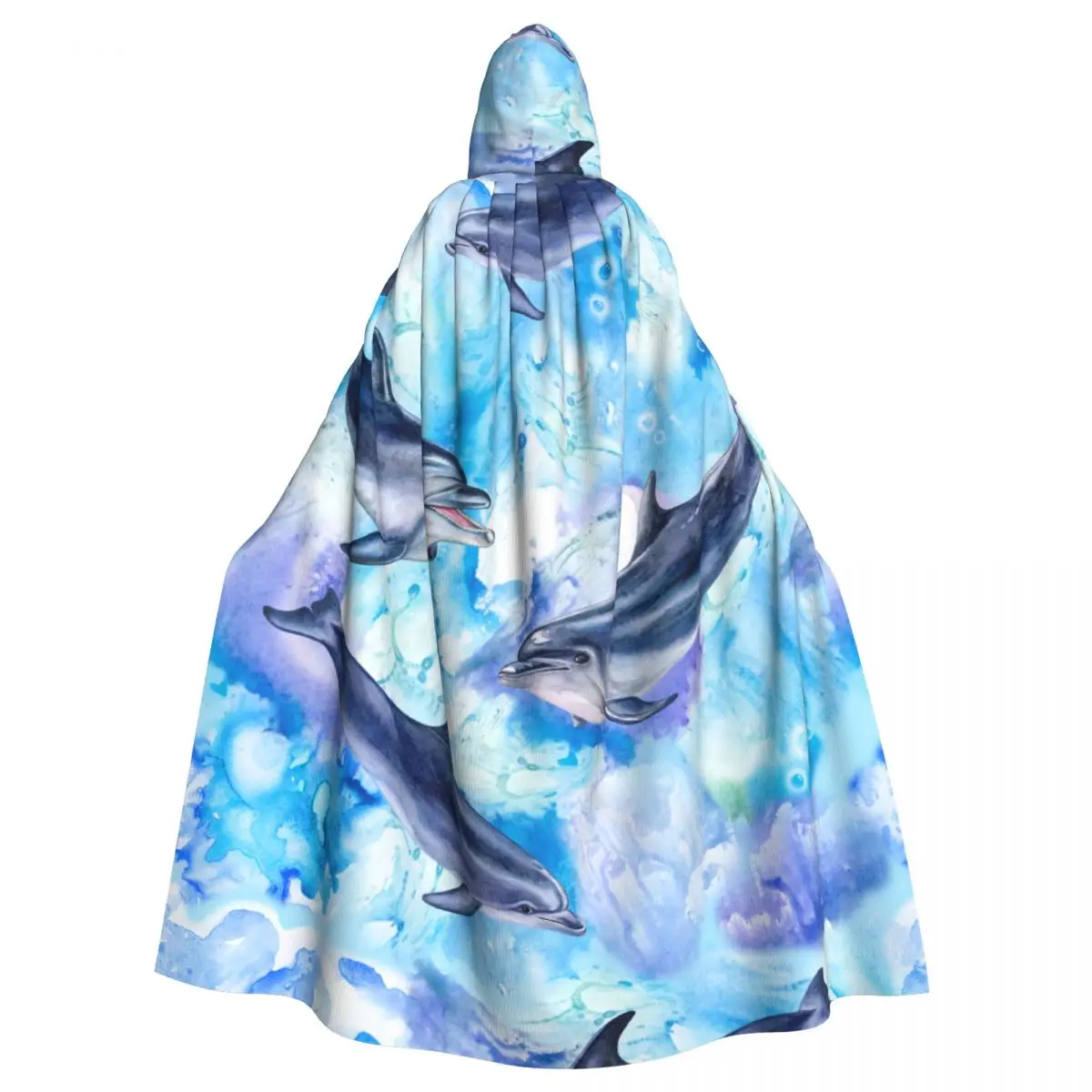 

Hooded Cloak Polyester Unisex Witch Cape Costume Accessory Watercolor Sea Blue Dolphins Elf Purim