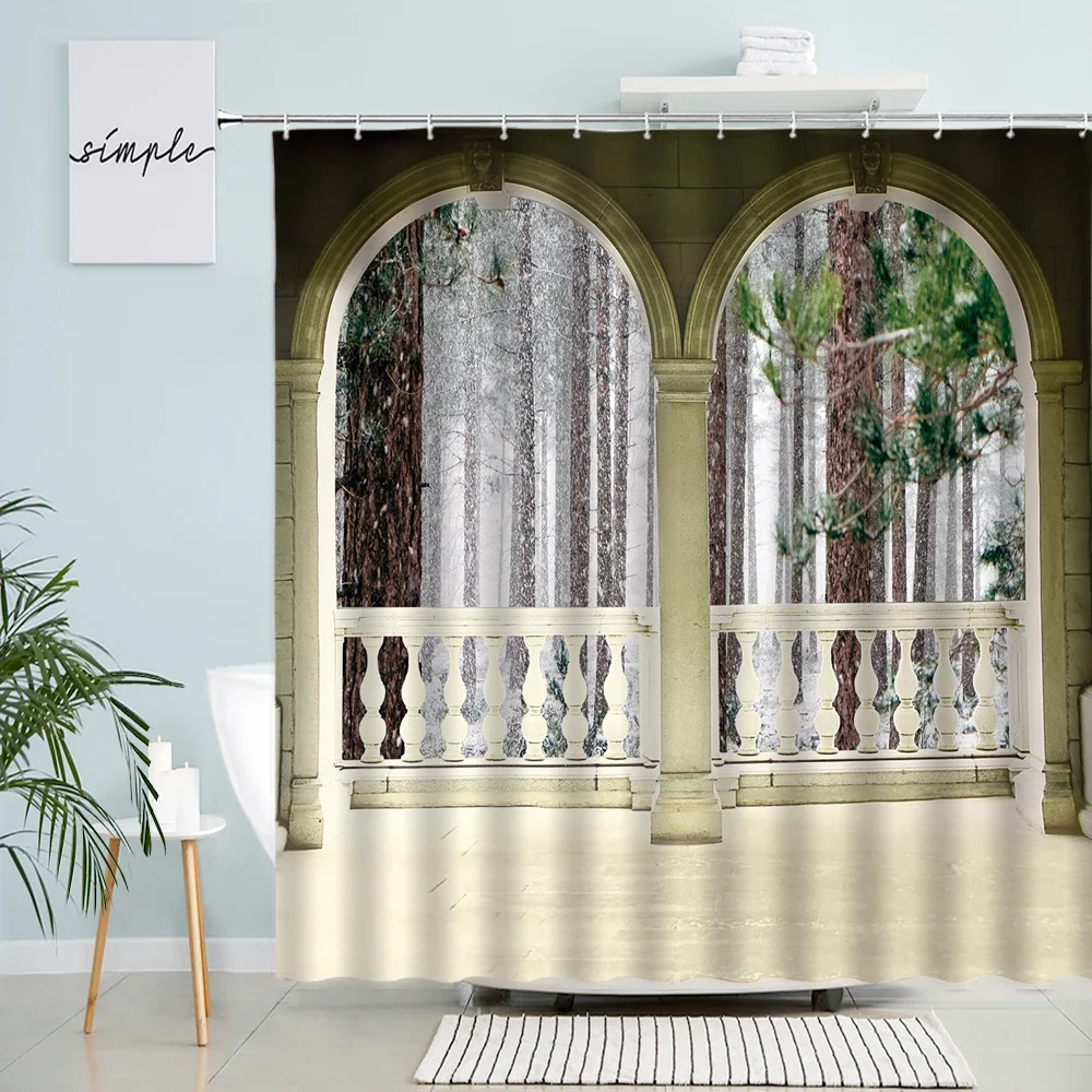 

Winter Forest Scenery Shower Curtain Trees Snow Arched Doors Windows Natural Scenery Bathroom Decor With Hook Waterproof Screen
