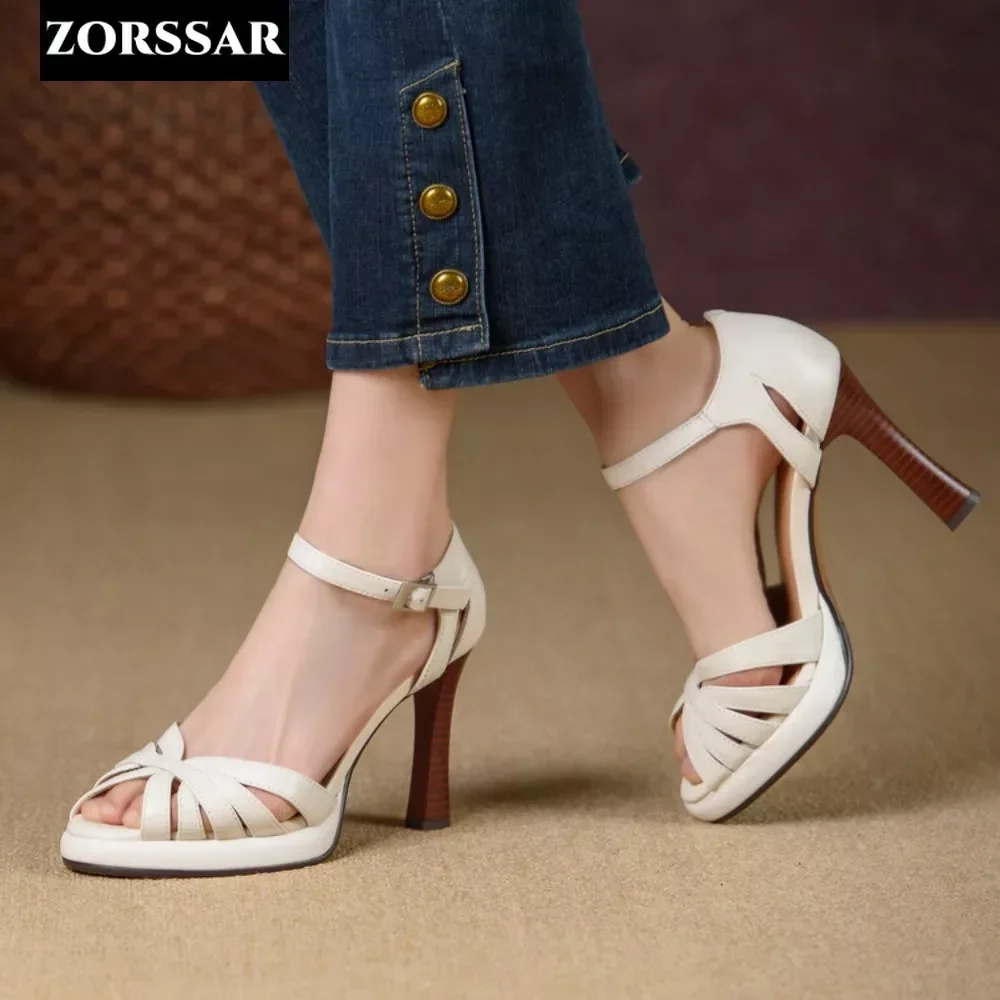 

Fashion Genuine Leather Fish Mouth Sandals Woman Sexy Stiletto Heels Ladies Summer Party Wedding Platform Shoes Women Slingback