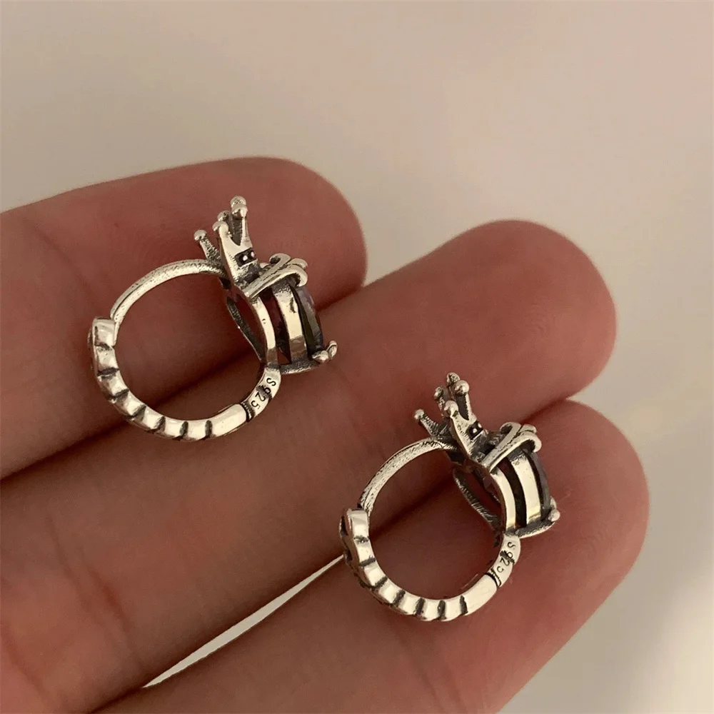 Rainbow Zircon Love Heart Stone Crown Hoop Earrings For Women Vintage Silver Color Small Ear Buckle Wedding Jewelry Party Gifts