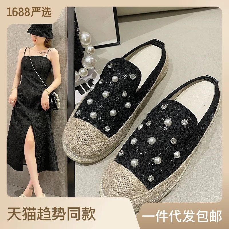 Baotou Half Slippers Women's New Summer  Korean Version Casual Outside Wearing Pearl Rhinestone Thick Soled Fisherman Slippers