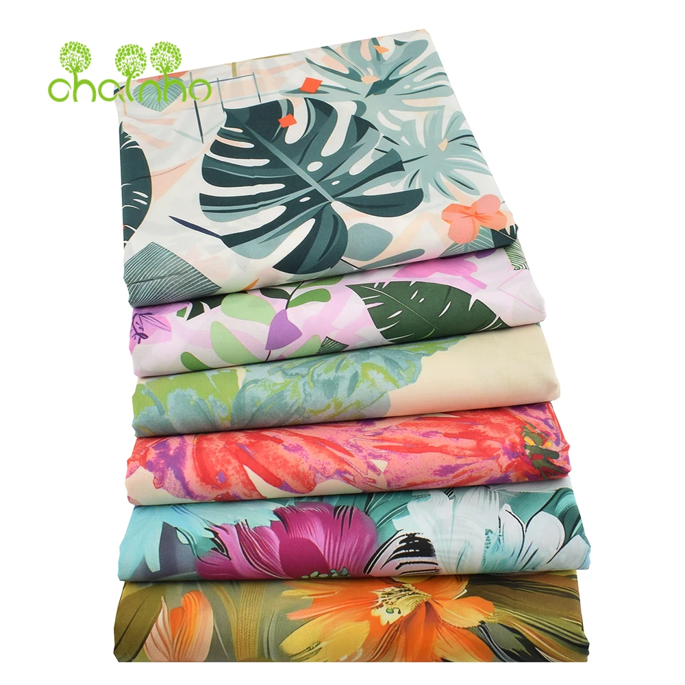 Chainho,Printed Plain Weave Poplin Cotton Fabric,DIY Quilting Sewing Material,Patchwork Cloth,Floral Series,2 Sizes,15PC226