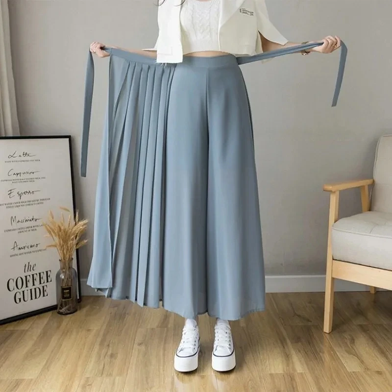 2022 Spring Summer Pants Skirt Women Solid Elastic Waist Pleated Wide Leg Pants Korean Fashion Lace Up Chiffon Baggy Trousers