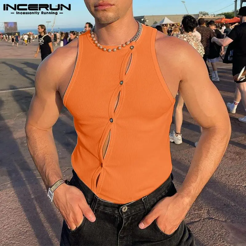 INCERUN Fashion Men Tank Tops Solid Oneck Sleeveless Hollow Out Button