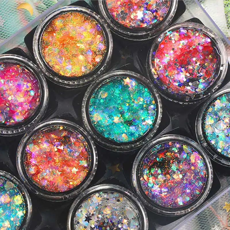 6/12pcs/set Body/Face/Eye Makeup Glitter Gel Eyeshadow Cream Star/Moon/Hexagon Nail Sequins Gel For Halloween Party Makeup YTR6# 5