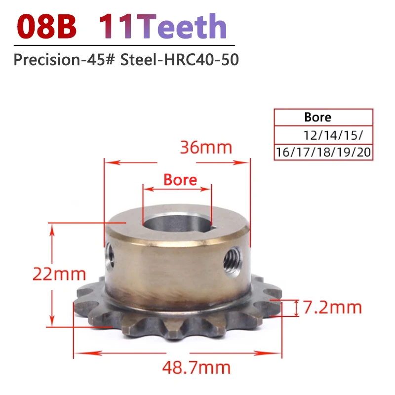 Roda Dentada de Acionamento Industrial Aço 11 Corrente de Dentes Chaveta Precisão Furo 12 14 15 16 17 18 19 20 mm 45 11 t 08b 1pc