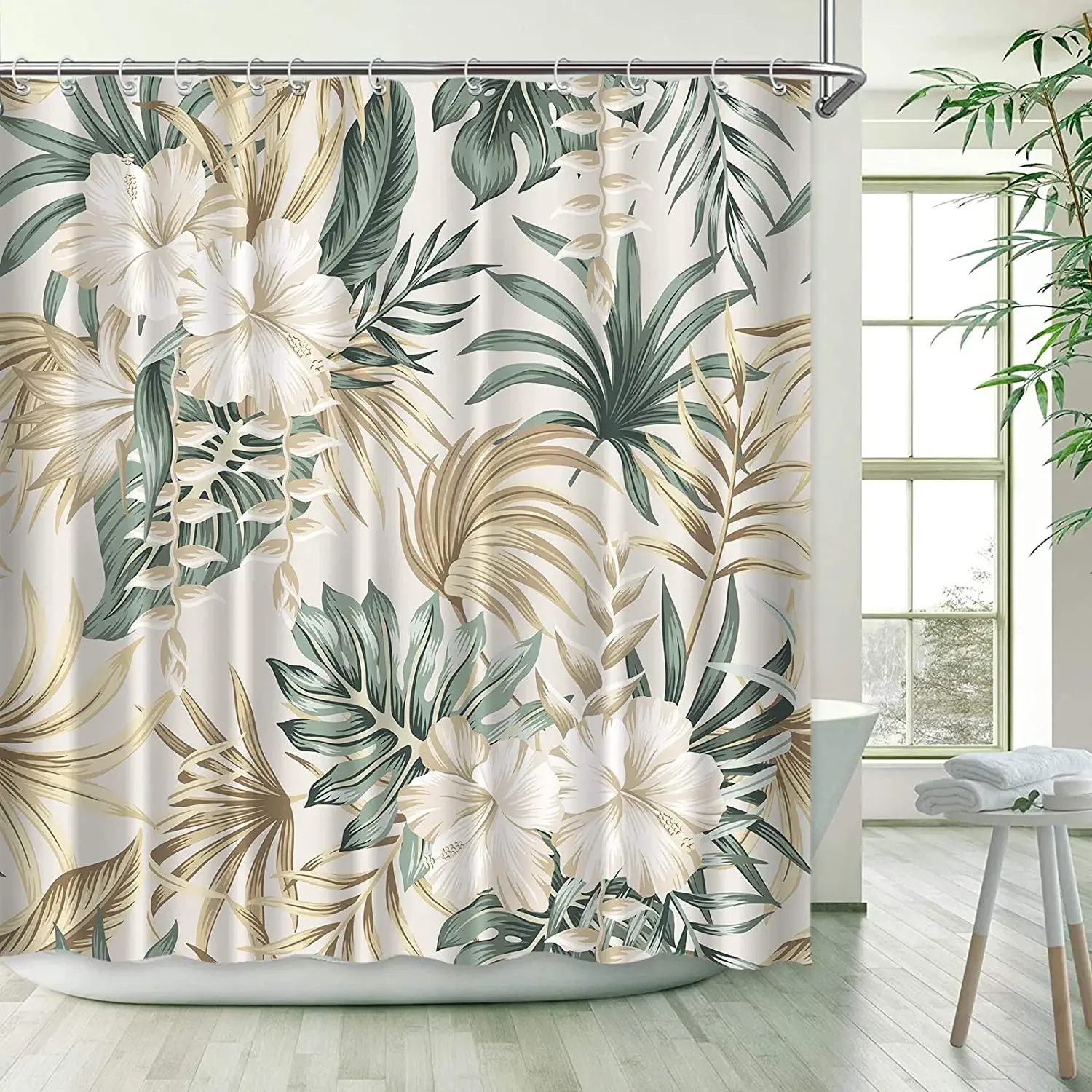 

Tropical Green Plant Palm Leaf Bathroom Shower Curtains Summer Jungle Fabric Waterproof Hooks Hanging Curtain Bath Screen Decor