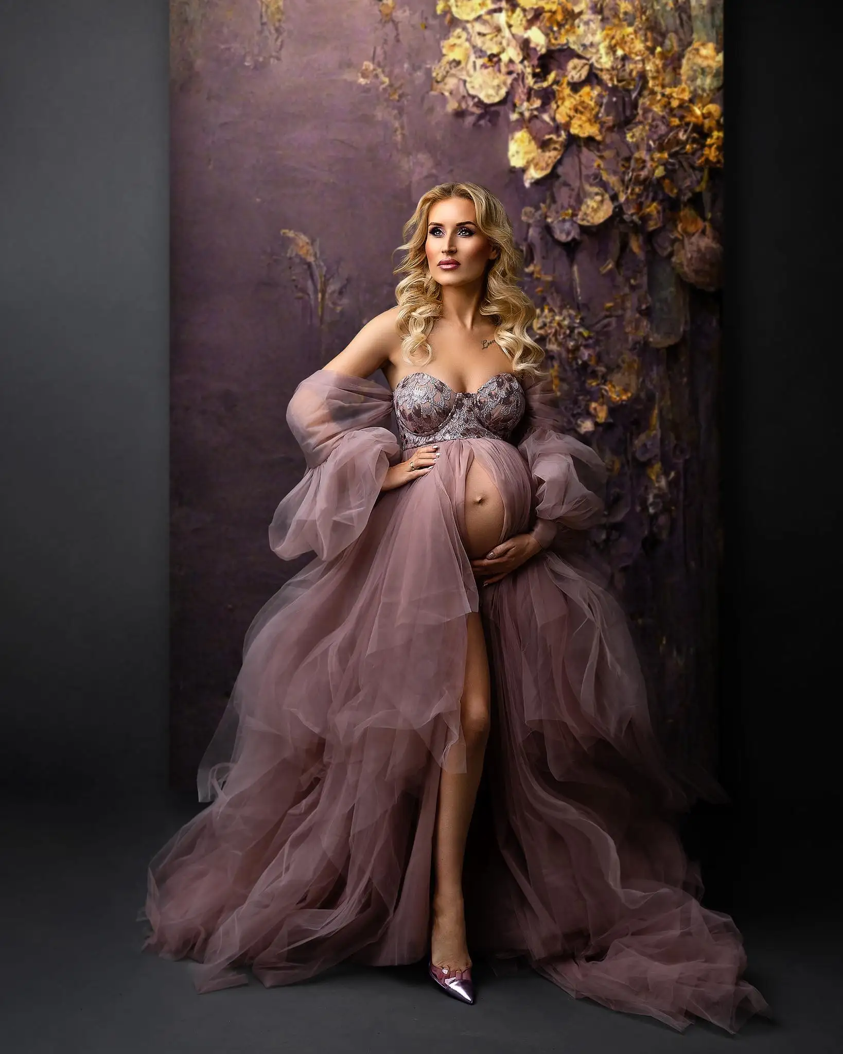 18235#Photo Shoot Dusty Pink Tulle Sequin Maternity Dress with Long Train Puff Sleeves Plus Size Open Front Baby Shower Gown