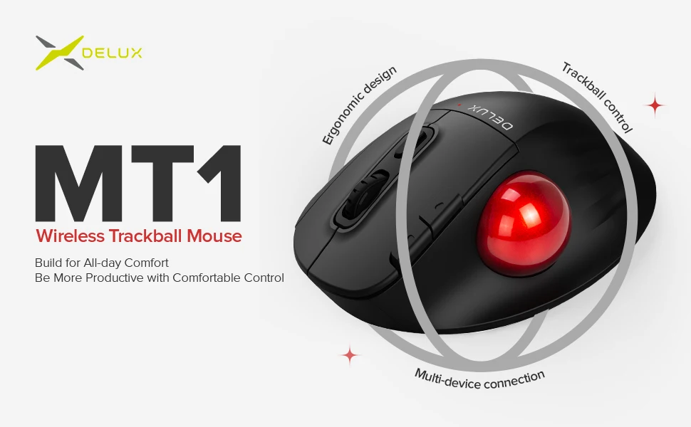 Delux MT1 эргономичная беспроводная Bluetooth трекбол мышь 2400 DPI 6 ...