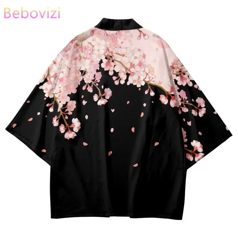 Sakura Flowers Print Yukata Men Women Fashion Cardigan Blouse Haori Obi Asian Clothes Harajuku Japanese Cosplay Kimono
