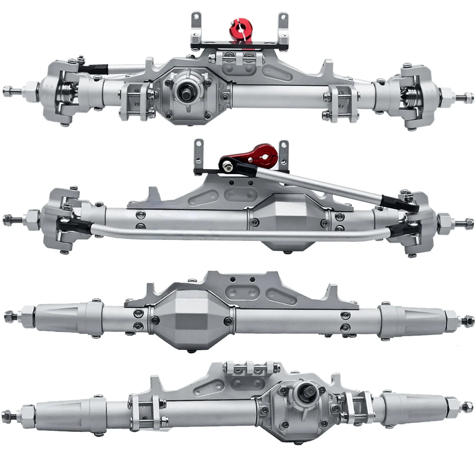 Essieu arrière pour crawler RC 1/10, compatible Axial SCX10, avec suspension et pont arrière visibles.