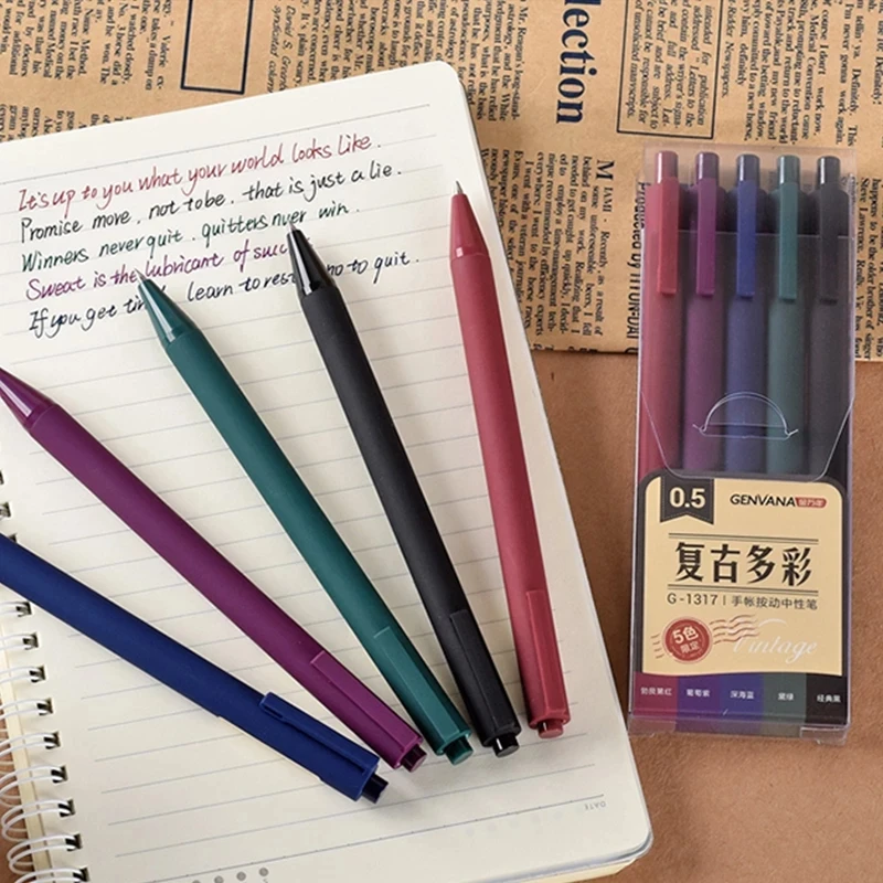 Hand Account Press Style Gel Pen Neutral Pens Retro/Vintage 5 Colors Bullet 0.5mm Signing Pen School Stationary GENVANA G-1317
