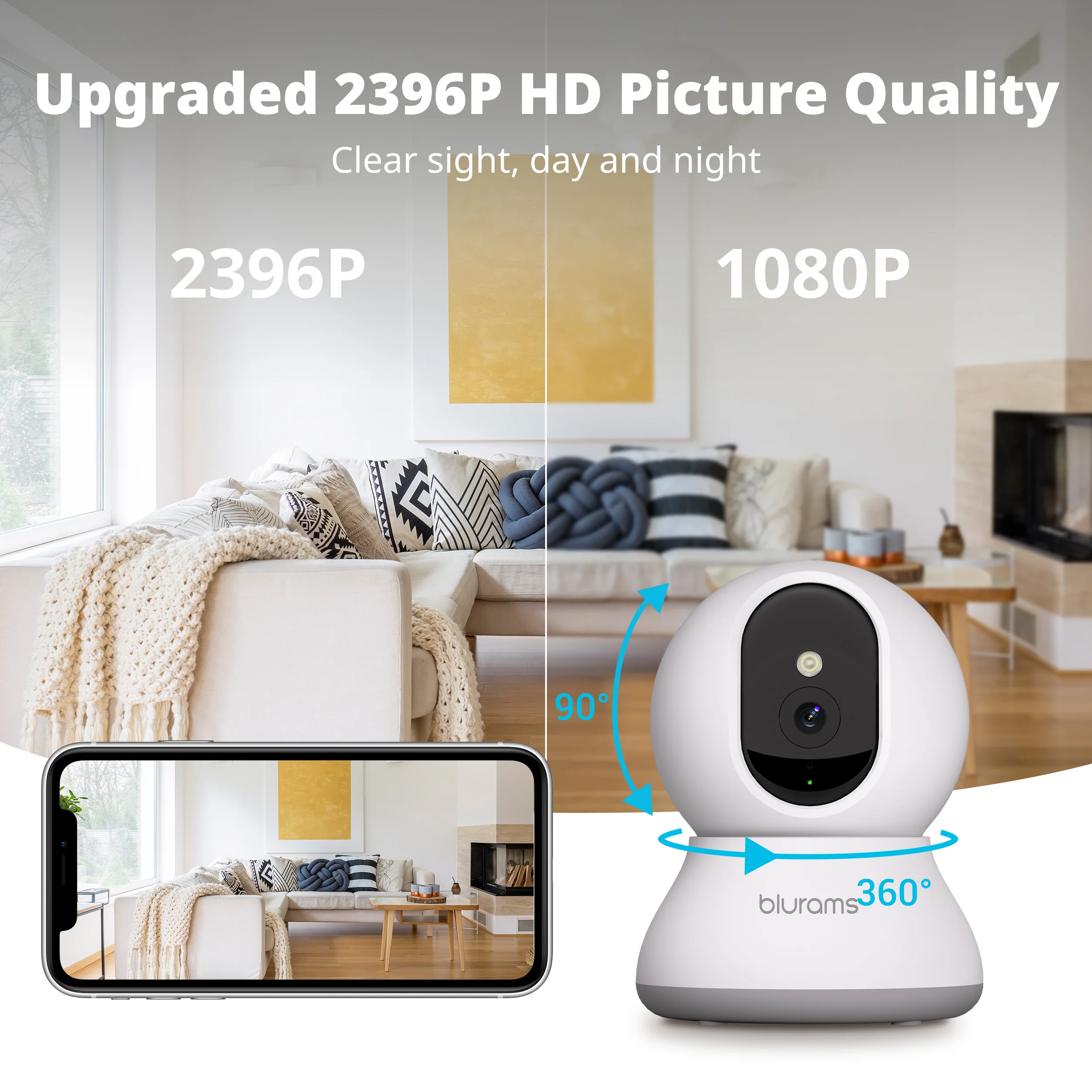 2PCS Blurams 2K Camera with Phone App, 5G/2.4GHz WiFi Indoor Security Baby Camera, 360° Pan & Tilt, 2-Way Audio, Night Vision 3