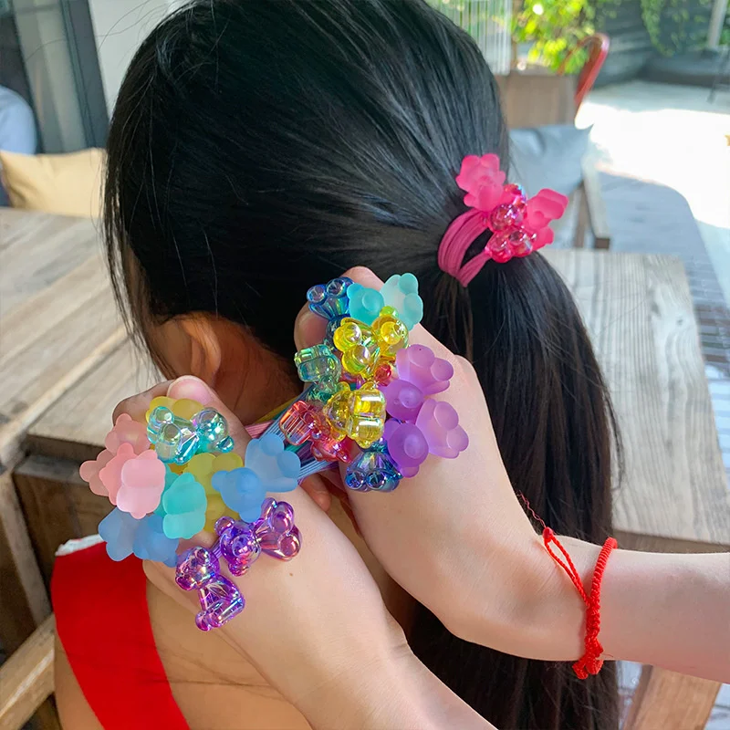 

2PCS Set Solid Color Cartoon Bear Long Elastic Hair Band For Girl Children Cute Kawaii Fancy Simple Braid Ponytail Rubber Ties