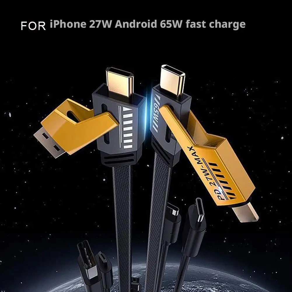 4 in 1 65W+27W 고속 충전 케이블 듀얼 헤드 타입-C 다기능 1m/2m 고속 충전 데이터 케이블 아이폰 노트북용