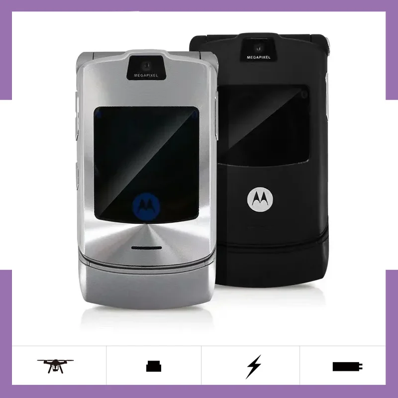 90% Motorola Razr V3 Ricondizionato-Telefono Cellulare Bluetooth A Conchiglia Sbloccato Originale Gsm 850/900/1800/1900 Carica Usb Cellulare