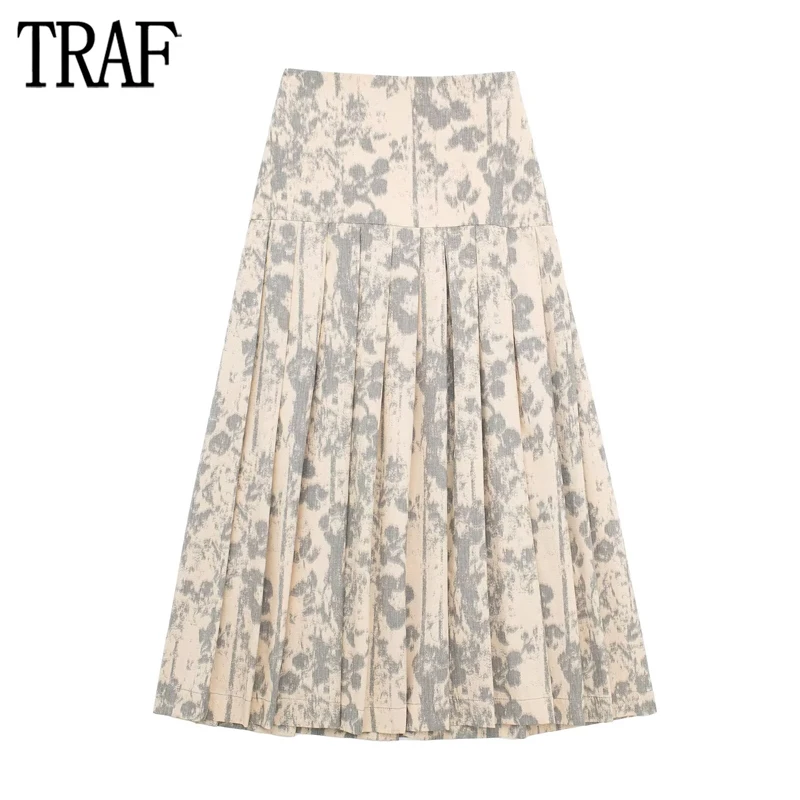 

TRAF 2024 Print Pleated Skirt Women High Waist Long Skirts for Women Jacquard Midi Woman Skirts Summer Vintage Women's Skirts