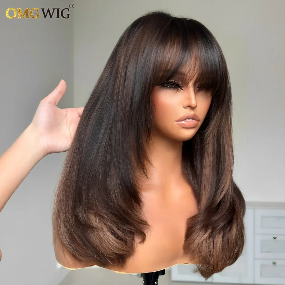 5x7/4x4 Glueless Lace Brown Highlight Color Straight Wig With Bangs 360 Lace Wear To Go Layered Cut Wig With Invisible Straps