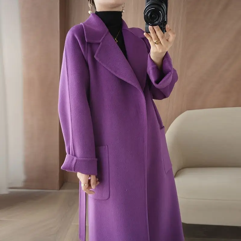 2023 Winter New Women Elegant Pure Wool Reversible Cashmere Coat Female High-End Suit Collar Solid Color Casual Long Woolen Coat