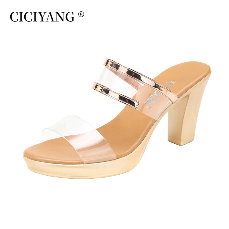 

CICIYANG Golden Sandals Slippers for Women 2023 New Summer Thick High Heel Fashion Outdoor Transparent Slippers Ladies Plus-size