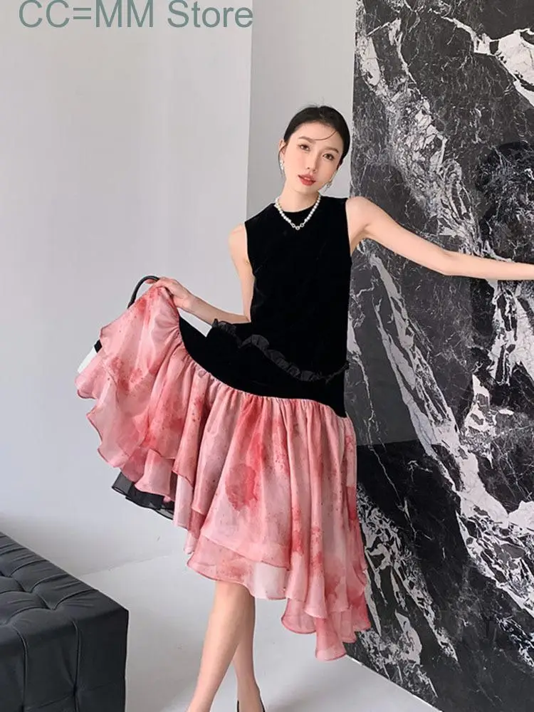 

New Patchwork Fishtail Dress For Women Ruffles Sleeveless Knee-length Dress Summer Female Fashion Clothing