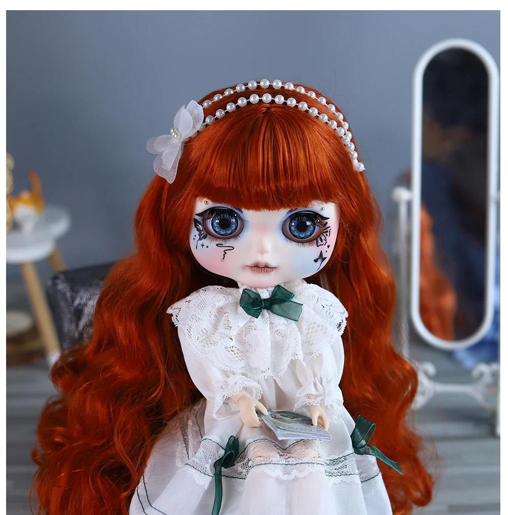 Элізабэт - Прэміум Custom Neo Blythe Лялька з рыжымі валасамі, белай скурай і матавым мілым тварам 13