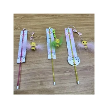 Random Color Cat Teaser Wand Funny Fake Feather Little Bee Design Kitten Teasing Stick Cat Wand Interactive Pet Toy 4