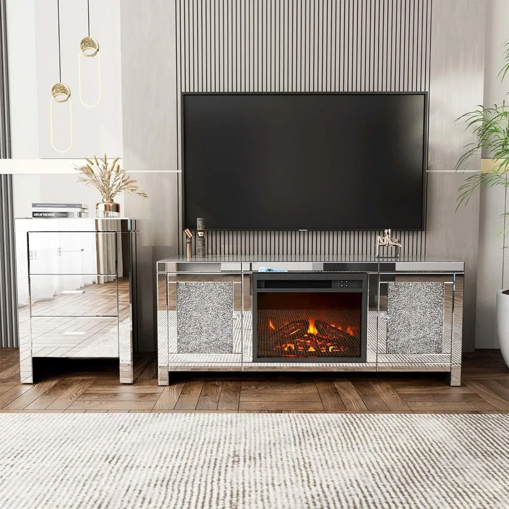 Mirror Fireplace TV Cabinet, Mirror Media Entertainment Center, Silver TV Console Table, Living Room Mirror Furniture 2