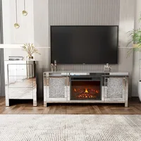 Mirror Fireplace TV Cabinet, Mirror Media Entertainment Center, Silver TV Console Table, Living Room Mirror Furniture 2