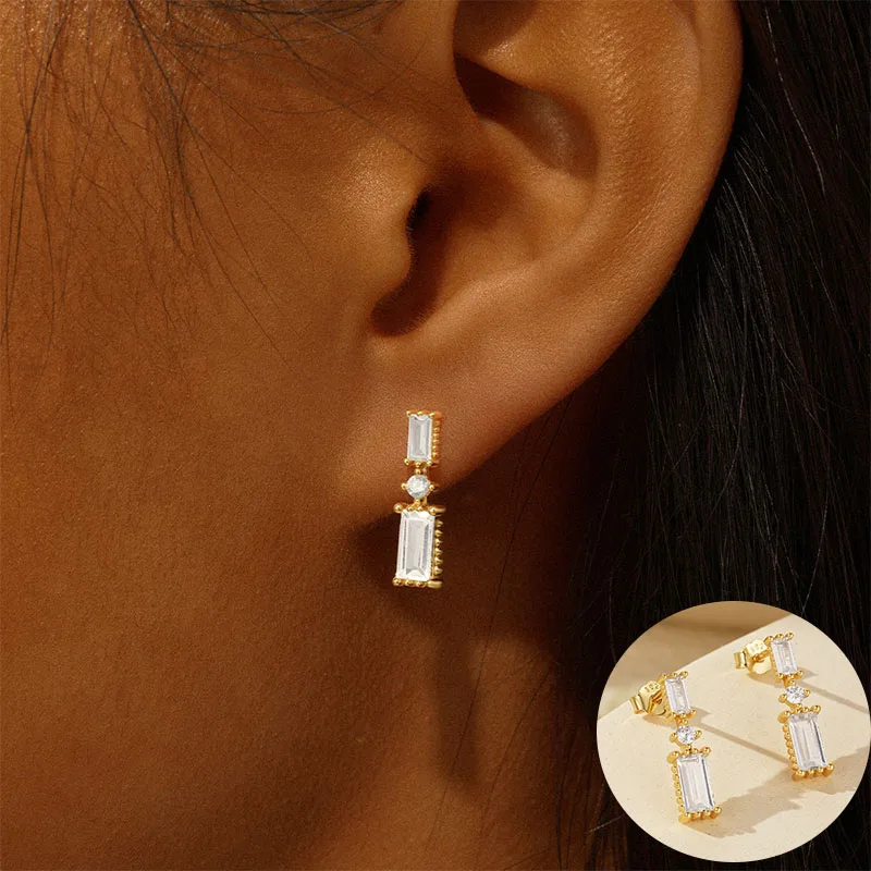 

100% 925 Sterling Silver Zircon Geometric Drop Earrings for Women Girl Square Round Design Jewelry Party Gift Dropshipping